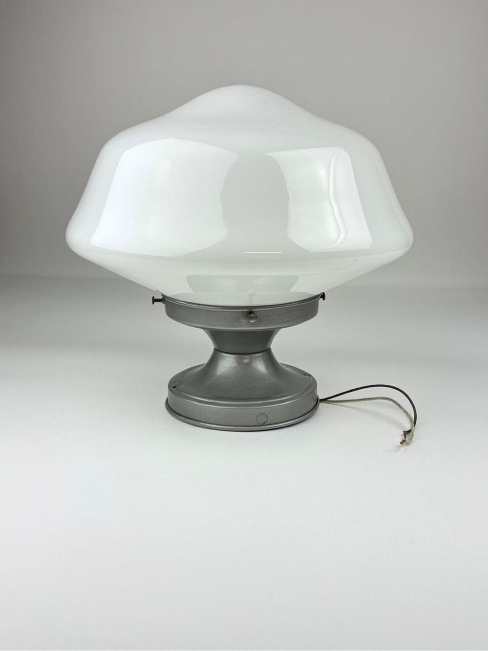 Vtg Gray Flush Mount Ceiling Light Fixture w White Milk Glass School House Globe